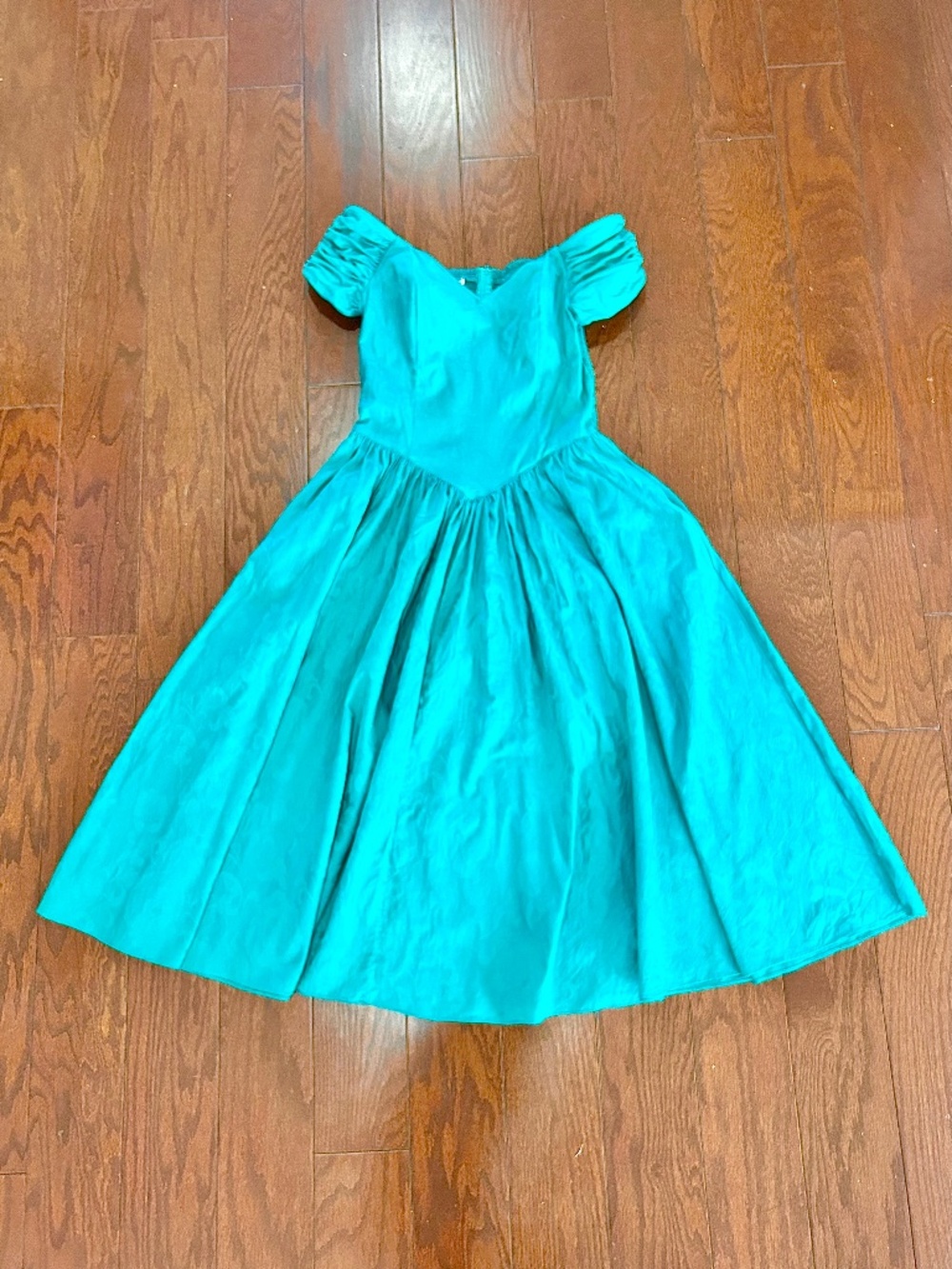 Vintage 80s 90s Teal dress off shoulder tea length party prom